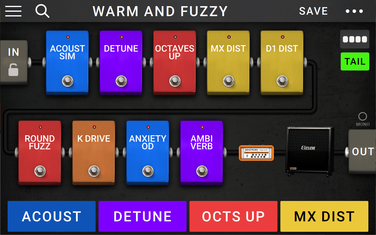 Rig view on the HeadRush Gigboard with Tangerine Amp, Dirt pedals, Acoustic sim, Octaves Up