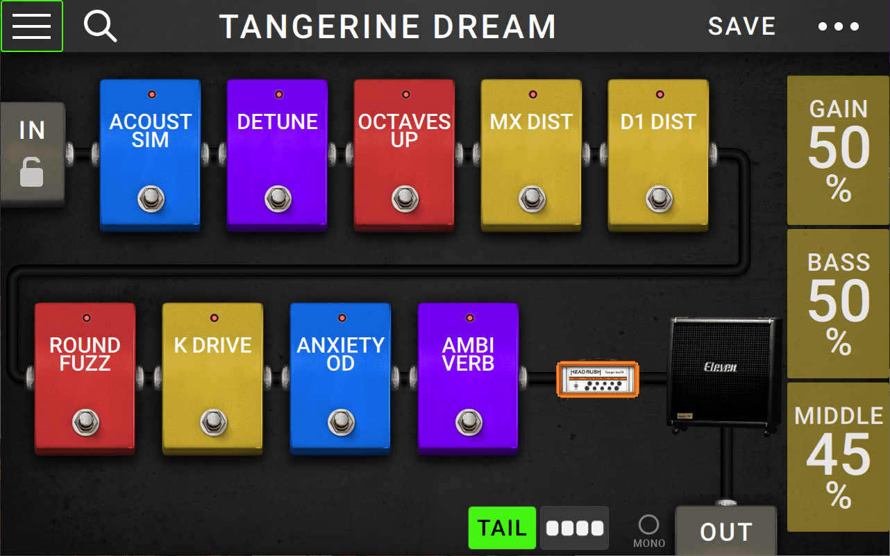 Rig view on the HeadRush Pedalboard with Tangerine Amp, Dirt pedals, Acoustic sim, Octaves Up